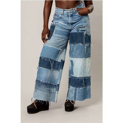 MAHLA dames vegan Jeans Upcycled Patchwork Nova Aangepaste Lichtblauwe Denimtinten Tweedehands