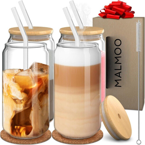 Malmoo Drinkglazen - Set van 4 - 450mL - Inclusief bamboe deksels en herbruikbare rietjes (4 stuks) Tweedehands