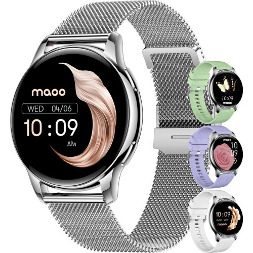 Maoo Ventura - AMOLED Smartwatch Dames - Stappenteller - Hartslagmeter - Slaapmonitor - Zilver en Wit (3x Siliconen Bandje)