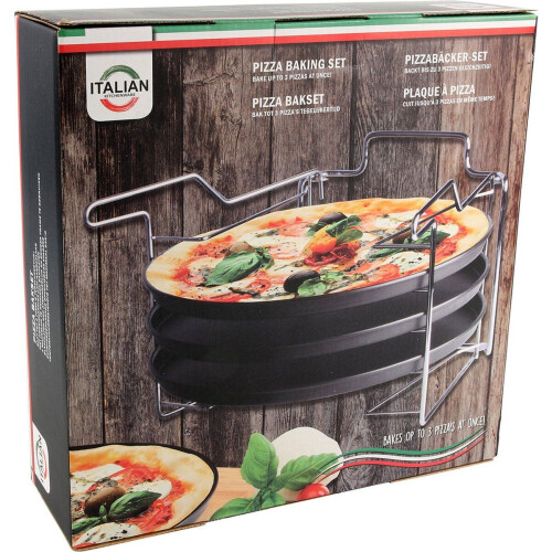 Merkloos Pizzaplaat - Bakset met 3 Bakplatenø 29 cm - Voor 3 Pizza's tegelijk - Zwart (3 stuks)