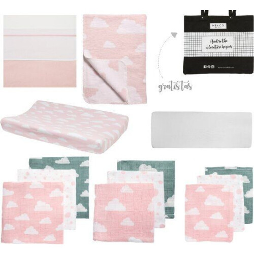 Meyco - Basis items pakket - Wiegdeken en aankleedkussenhoes - Roze/wit (1 pack) Tweedehands