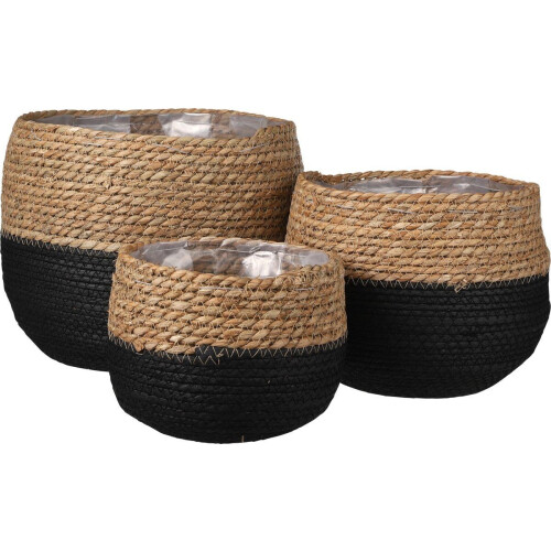 Mica Decorations Jorck Plantenmand - Set van 3 - Handgemaakt met plastic liner - Zwart (set van 3) Tweedehands
