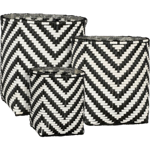 Mica Decorations Merlijn - Plantenmanden voor Buiten - Set van 3 - Gerecycled Plastic - Zwart Wit (set van 3)