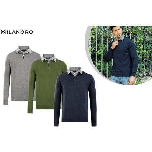 Milanoro Herenpullover - Geruite kraag en halve rits - Grijs - XXL