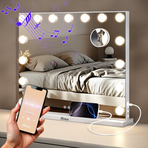 Mirlux Hollywood Spiegel 58x48CM - Bluetooth Spiegel met 2 Luidsprekers - 15x LED Lampen - 3 Lichtstanden - 10x Vergroting - Luxe Witte Make-Up Spiegel Tweedehands