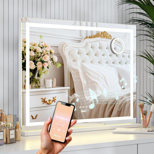 Mirlux Hollywood Spiegel 80x60 cm - Make Up Spiegel - 2 Bluetooth Speakers - LED Verlichting - 10x Zoom - Wit Tweedehands