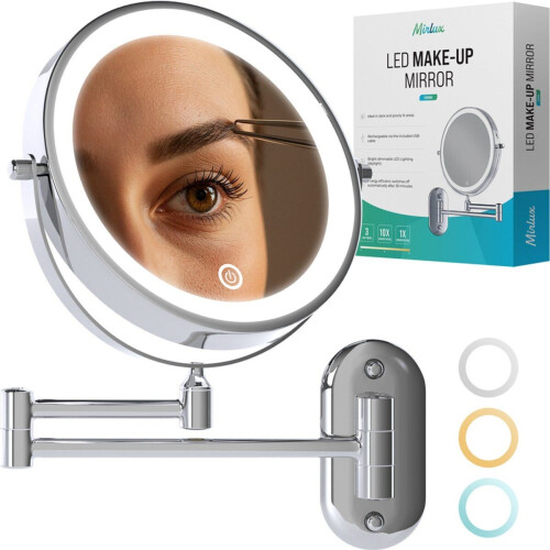Mirlux Make-Up Spiegel met LED Verlichting 20 cm– 10x Vergroting – Oplaadbaar – Wandspiegel met