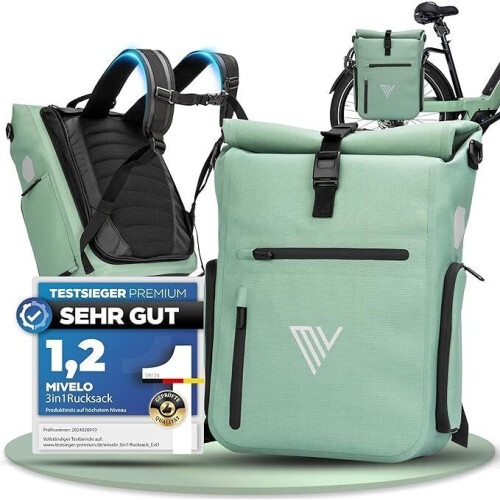 MIVELO 3-in-1 Fietstas - Rugzak & Schoudertas - Waterdicht 25 liter - Mint