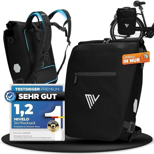 MiVelo 3-in-1 Fietstas - Waterdicht - 20 liter - Zwart