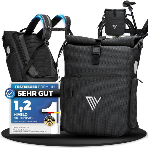 MIVELO 3-in-1 Waterdichte Fietstas, Rugzak en Schoudertas– 25L, Zwart Reflecterend – Met Laptopvak