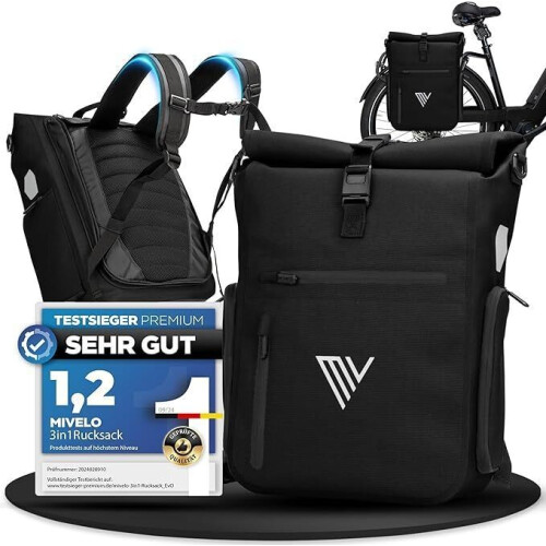 MiVelo Fietstas - 3-in-1 Rugzak & Schoudertas - Waterdicht 25 liter - Zwart