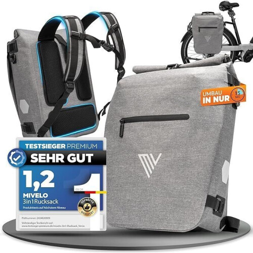 MiVelo Fietstas - 3-in-1 Rugzak&Schoudertas - Waterdicht - 20 liter - Grijs