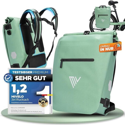 MiVelo Fietstas - 3-in-1 Rugzak&Schoudertas - Waterdicht - 20 liter - Mint Tweedehands