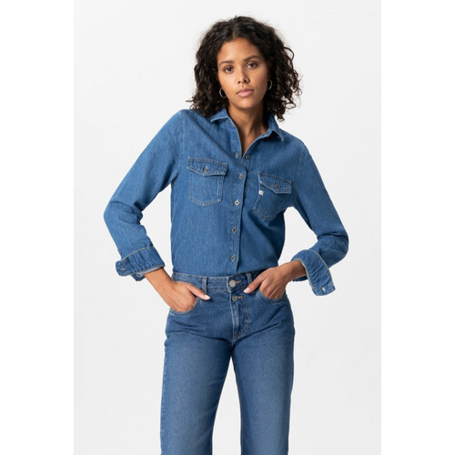 MUD Jeans dames vegan Overhemd Shirley Medium Steenblauw Tweedehands