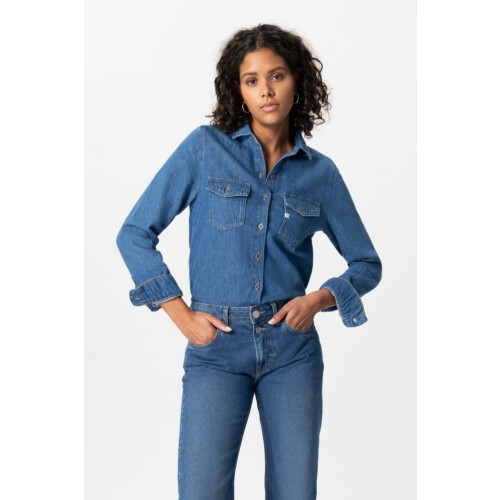 MUD Jeans dames vegan Overhemd Shirley Medium Steenblauw Tweedehands