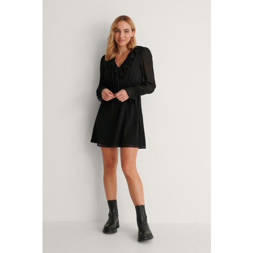 NA-KD - Frill V-Neck Mini Dames Jurk - Maat 42 Tweedehands