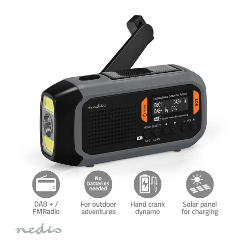 Nedis Noodradio - Draagbaar - DAB+ / FM - Solar Powered / Batterij / Wekker - Grijs / Oranje / Zwart