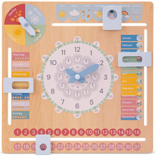 New Classic Toys® Houten Kalenderklok - Leerklok - Dagen Maanden Seizoenen Weer - Pastel