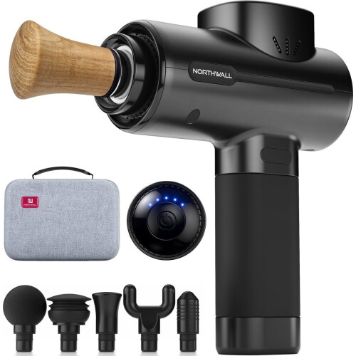 Northwall Massage Gun PRO - Massage Pistool - 6 Opzetstukken - Eikenhouten Massagekop