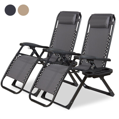 Novitaa Duoset Opvouwbare Ligstoelen - Verstelbaar 30°-90° - Beker en Telefoonhouder - Grijs