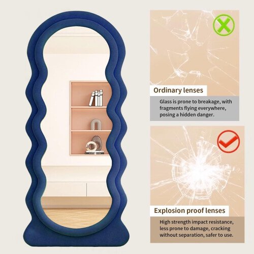 Onregelmatige golvende spiegels, spiegel in volledige lengte, 160 x 60 cm, staande staande spiegels, asymmetrische spiegel voor woonkamer, badkamer, slaapkamer, entree, wanddecoratie (blauw