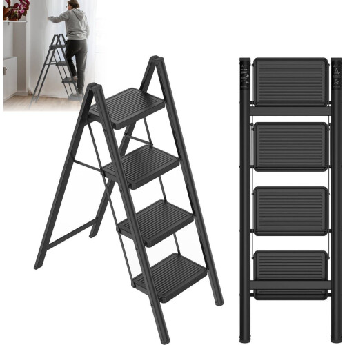 Opstapladder 4 treden inklapbaar, trap klap-step krukje met brede antislip pedalen, draagbare opstapkruk huishoudtrap
