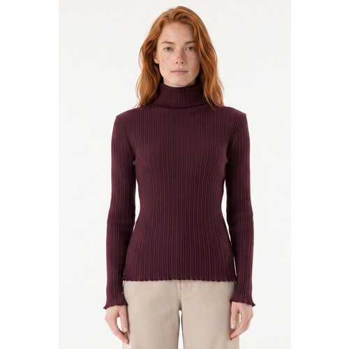 ORGANICATION dames vegan Top Col Ribgebreid Dark Wine Tweedehands