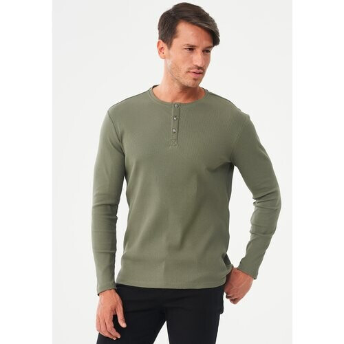 ORGANICATION mannen vegan Geribbeld Henley Shirt Kaki Tweedehands