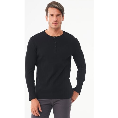 ORGANICATION mannen vegan Geribbelde Henley Top Zwart Tweedehands