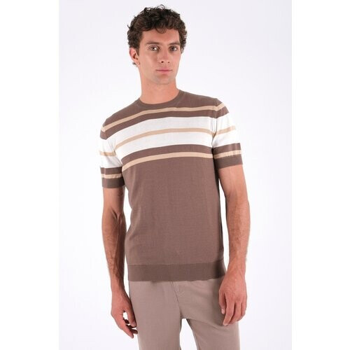 ORGANICATION mannen vegan T-Shirt Met Strepen Fijn Gebreid Diep Taupe, Beige & Off White Tweedehands