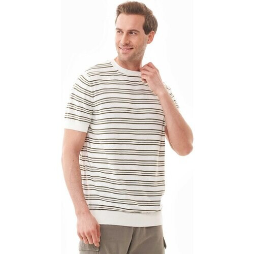 ORGANICATION mannen vegan T-Shirt Met Strepen Fijn Gebreid Diep Taupe & Off White Tweedehands