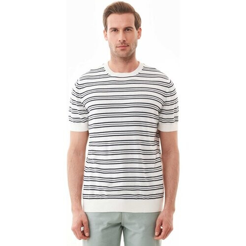 ORGANICATION mannen vegan T-Shirt Met Strepen Fijn Gebreid Gebroken Wit & Marineblauw Tweedehands