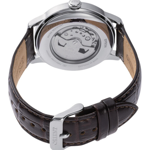 Orient Bambino RA-AK0805E30B - Horloge - Automatisch F6B24 uurwerk - Zilver met groene wijzerplaat - Bruine leren band