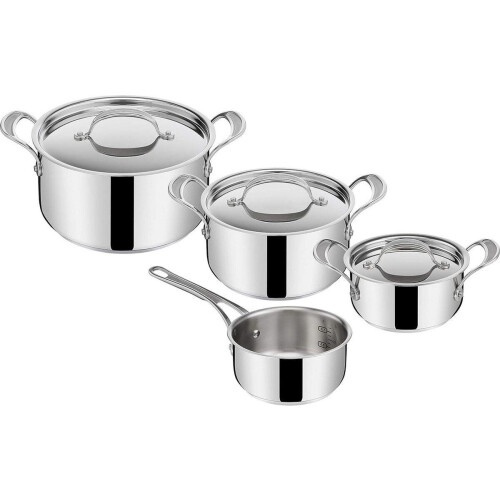 Pannenset Jamie Oliver Cook`s Classic 7 delige-steelpan-16 cm-kookpannen-16/20/24 cm-deksel-maatschaal-inductie-roestvrij staal Pannenset