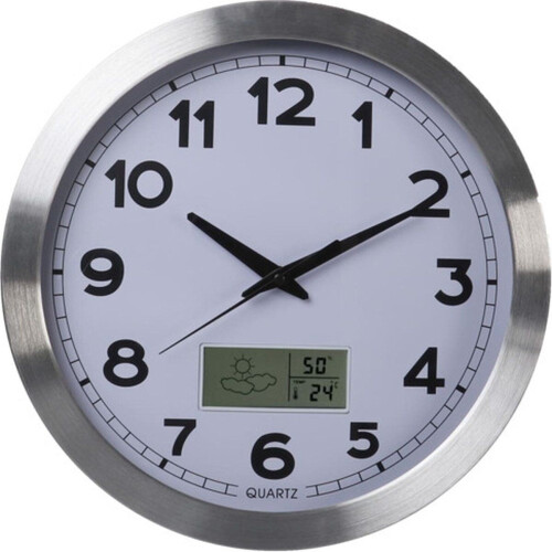 Perel Wandklok, decoratieve wandklok, analoge klok, lcd-display met thermometer, hygrometer en weersvoorspelling, rond, analoog, modern, 35 cm, aluminium, zilvergrijs Tweedehands