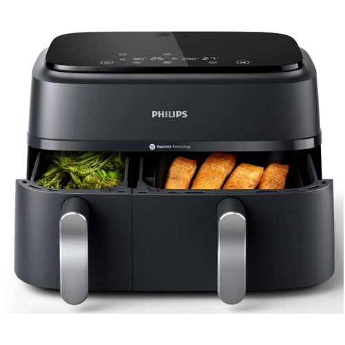 Philips 3000 Series - Dual Airfryer NA351/00 - Dubbele Mand 9L tot 6 Personen - Zwart/Zilver Tweedehands