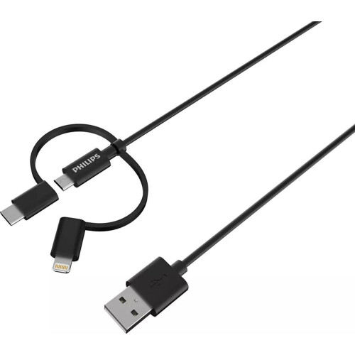Philips DLC3104T/03 3-in-1 Oplaadkabel - Lightning USB-Kabel, Micro-USB, USB-C - Compatibel met Apple en Samsung - 1,2 Meter - Zwart Tweedehands