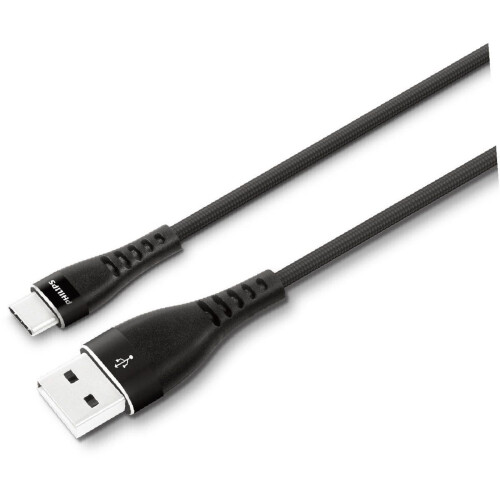 Philips DLC5206A - USB Kabel 2.0 - USB-A naar USB-C - 2 Meter - Gevlochten Nylon - Zwart