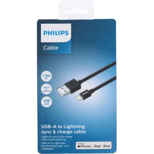 PHILIPS - USB-A naar Lightning Kabel - DLC3104V/03 - 1.2 Meter Kabel - Opladen en Synchroniseren - Vervanging Apple Lightning Kabel - Zwart Tweedehands