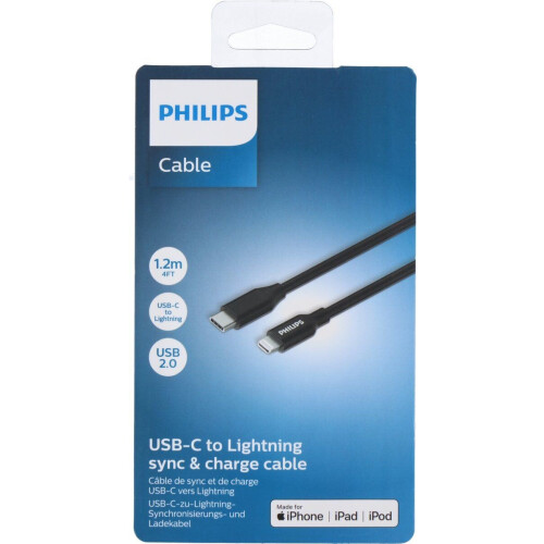 Philips - USB-A naar Lightning Kabel - DLC3106V/03 - 2 Meter Kabel - Opladen en Synchroniseren - Vervanging Apple Lightning Kabel - Zwart Tweedehands
