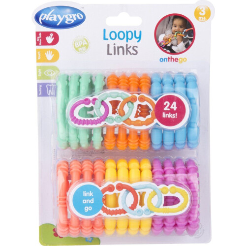 Playgro Loopy loops - Kinderwagen accessoires - 24 gekleurde ringen - Bijtringen - Baby speelgoed (24 stuks) Tweedehands