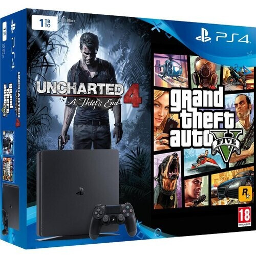 PlayStation 4 Slim 1000GB - Jet black + Uncharted 4: A Thief ́s End + Grand Theft Auto V Tweedehands