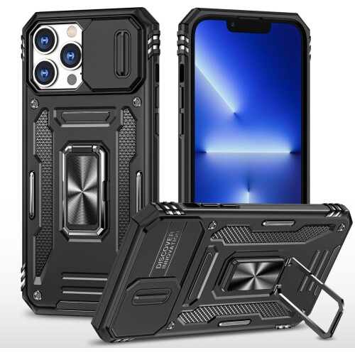 Podec iPhone 12 Pro - Telefoonhoesje - Anti-Shock Case Cover met Kickstand Ring en Screenprotector - Zwart Tweedehands