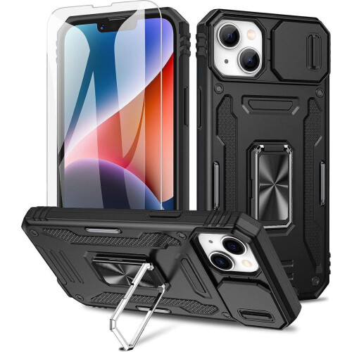 Podec iPhone 14 - Anti-Shock Case Cover - Kickstand Ring met Screenprotector - Zwart Tweedehands