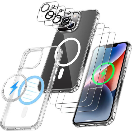 Podec iPhone 14 - Magsafe Hoesje - Bundel met 3x Screenprotector en 3x Cameraprotector - Doorzichtig Tweedehands