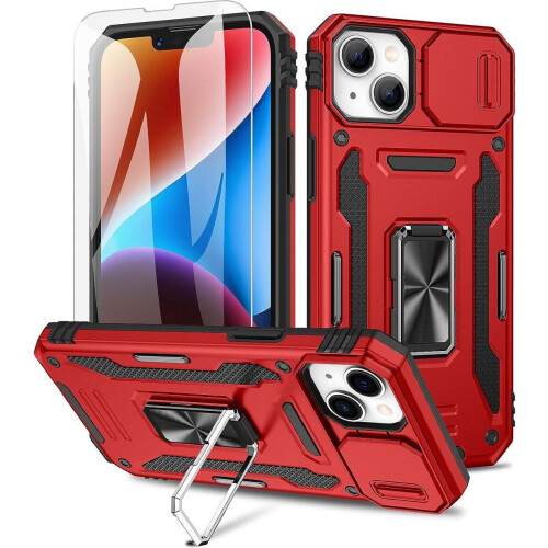 Podec iPhone 14 - Telefoonhoesje - Anti-Shock Case met Kickstand en Screenprotector - Rood