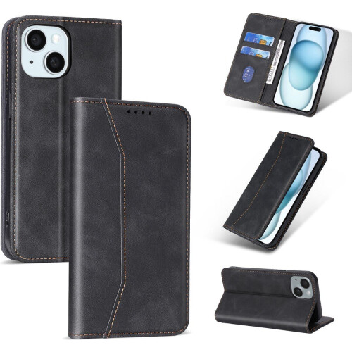 Podec iPhone 15 - Hoesje met Pasjeshouder - Anti-Shock Wallet Case met Screenprotector - Zwart