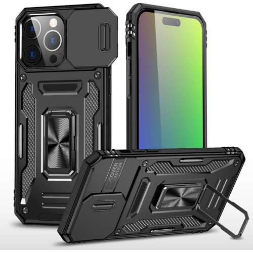 Podec iPhone 15 Pro - Anti-Shock Case Cover Hybrid Armor - Kickstand Ring - Zwart