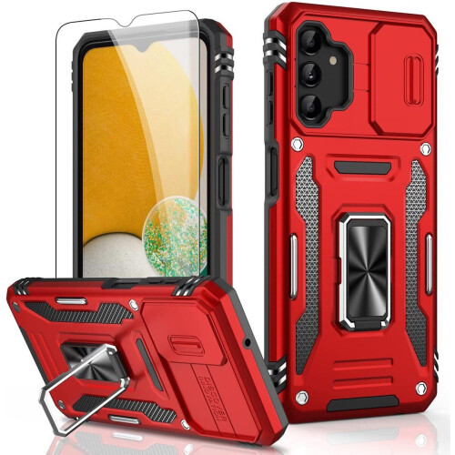 Podec Samsung Galaxy A13 5G - Telefoonhoesje - Anti-Shock Case met Kickstand Ring en Screenprotector - Rood