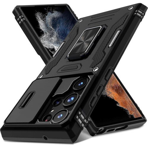 Podec Samsung Galaxy S23 Ultra - Telefoonhoesje - Anti-Shock Case met Kickstand Ring - Zwart